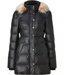 Feminine with a fitted waistline, Juicy Coutures puffy coat is a chic and cozy take on cool winter-wear - Faux-fur trimmed hood, stand-up collar, long sleeves, elasticized cuffs, snapped front panel with hidden zip, side slit pockets - Fitted - Team with bright knit hats and shearling lined boots Feminine with a fitted waistline, Juicy Coutures puffy coat is a chic and cozy take on cool winter-wear - Faux-fur trimmed hood, stand-up collar, long sleeves, elasticized cuffs, snapped front panel with hidden zip, side slit pockets - Fitted - Team with bright knit hats and shearling lined boots