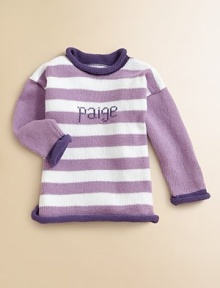 Stripes lend whimsy to this beautifully crafted pure cotton sweater perfect for girls and boys alike. A rolled neckline, hem and cuffs add small touches of contrast color. Rolled detailCottonMachine washMade in USAFOR PERSONALIZATION Select a quantity, then scroll down and click on PERSONALIZE & ADD TO BAG to choose and preview your personalization options. Please allow 4-6 weeks for delivery. Stripes lend whimsy to this beautifully crafted pure cotton sweater perfect for girls and boys alike. A rolled neckline, hem and cuffs add small touches of contrast color. Rolled detailCottonMachine washMade in USAFOR PERSONALIZATION Select a quantity, then scroll down and click on PERSONALIZE & ADD TO BAG to choose and preview your personalization options. Please allow 4-6 weeks for delivery.