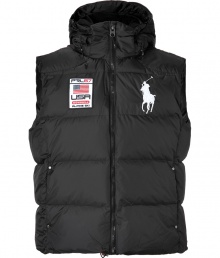 The perfectly sporty finish to your look, Ralph Laurens oversized logo detailed down vest is a classic essential guaranteed to take you through the season in cool style - Drawstring hood, oversized polo player and logo patch, front zip, slit pockets, drawstring hemline - Classic straight fit - For a rugged finish, team with cool knits and favorite slim-cut jeans