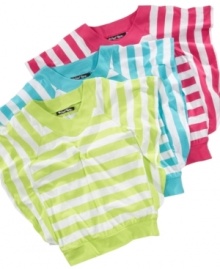 Flair for the dramatic. She'll have over-the-top style and lots of comfort in this striped shirt with batwing sleeves from Planet Gold. Flair for the dramatic. She'll have over-the-top style and lots of comfort in this striped shirt with batwing sleeves from Planet Gold.