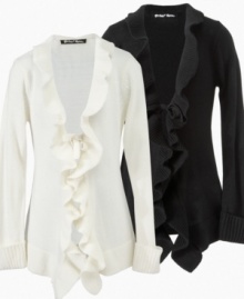 Rich ruffles. The sweet, flowy ruffles on this cardigan from Planet Gold is the perfect layering piece. Rich ruffles. The sweet, flowy ruffles on this cardigan from Planet Gold is the perfect layering piece.