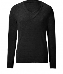 Stylish pullover in fine black virgin wool - A classic, slim fitted with long sleeves - Fashionable accent: the double V-neck - A dream of a basic, classy and casual - A hit combination with jeans, business trousers, chinos