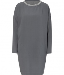 Minimalist and exquisitely chic, Brunello Cucinellis embellished silk dress is an elegant choice whatever the occasion - Rounded sequined neckline, long sleeves, dropped shoulders, circular stitched side pockets - Easy O-shaped silhouette - Pair with flawless flats and a dusting of metallic accessories