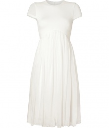 With an ultra flattering cut and ethereal mixed-media detailing, McQ Alexander McQueens white combo dress is a pristine take on cocktail-hour chic - Round neckline, cap sleeves, curved modern empire waistline in front, hidden back zip - Fitted top, loosely draped full skirt - Wear with a blazer and flawless flats