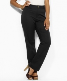 Rendered in sleek stretch cotton twill, these Lauren by Ralph Lauren plus size pants channel modern sophistication in a slim-fitting silhouette with a sleek, straight leg. (Clearance)