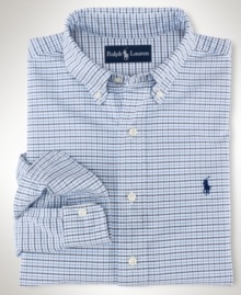 A masculine check pattern lends preppy style to a classic-fitting sport shirt, rendered in oxford-woven cotton for stylish comfort.