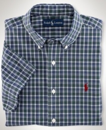 Cut for a relaxed, classic fit, a short-sleeved sport shirt is crafted from crisp cotton poplin in traditional tartan plaid for an authentic look.