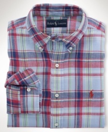 Cut for a relaxed, classic fit, a sophisticated long-sleeved shirt is crafted in soft, breathable linen with a preppy plaid pattern for timeless appeal. Cut for a relaxed, classic fit, a sophisticated long-sleeved shirt is crafted in soft, breathable linen with a preppy plaid pattern for timeless appeal.