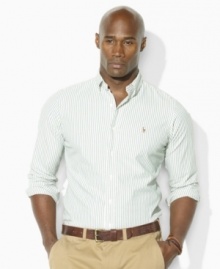 Vibrant and handsome bengal stripes make a sharp statement on a classic-fitting sport shirt in lightweight oxford-woven cotton. Vibrant and handsome bengal stripes make a sharp statement on a classic-fitting sport shirt in lightweight oxford-woven cotton.