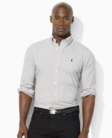 Tailored in a comfortable, relaxed-fitting silhouette, a handsomely striped sport shirt is rendered in washed oxford-woven cotton for the look and feel of a well-worn wardrobe favorite.