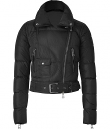 With edgy biker styling and a chic cropped silhouette, this Belstaff quilted coat is guaranteed to be a modern classic - Large spread collar with snaps, asymmetrical zip closure, zip pockets and cuffs, belted cropped waist, all-over quilting with contrasting diamond shaped pattern on back - Perfect dressed up or down