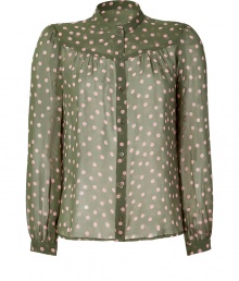 Finish your look on a sweet note with Paul & Joes dotted silk top, detailed with a flattering straight fit perfect for tucking into sleek tailored separates - Short stand-up collar, long sleeves, buttoned cuffs, button-down front, pleated yolk, sheer body - Easy straight fit - Layer over camisoles and leather leggings, or wear with pencil skirts and pumps for work to cocktails sophistication