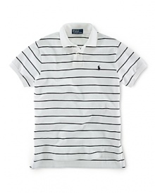 Tailored in a relaxed, comfortable fit that's cut wider through the body, this short-sleeved polo shirt is rendered in breathable cotton mesh with sleek stripes for casual polish. Tailored in a relaxed, comfortable fit that's cut wider through the body, this short-sleeved polo shirt is rendered in breathable cotton mesh with sleek stripes for casual polish.