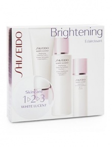An introductory kit of Shiseido's White Lucent cleansing foam, softener, and day moisturizer with SPF. White Lucent skincare illuminates skin's natural beauty for a pure radiance that glows from within. The collection contains a Triple-Action Brightening System, preventing discoloration while visibly diminishing existing dark spots and uneven skin tone. This three-step daily brightening regimen includes 2.8 oz. Brightening Cleansing Foam, 3.3 oz. An introductory kit of Shiseido's White Lucent cleansing foam, softener, and day moisturizer with SPF. White Lucent skincare illuminates skin's natural beauty for a pure radiance that glows from within. The collection contains a Triple-Action Brightening System, preventing discoloration while visibly diminishing existing dark spots and uneven skin tone. This three-step daily brightening regimen includes 2.8 oz. Brightening Cleansing Foam, 3.3 oz.