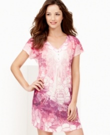 Flirty yet casual, this pretty sublimation chemise will make you want to stay in bed all day. The henley neckline and vibrant colors add a playful edge to this One World design. Flirty yet casual, this pretty sublimation chemise will make you want to stay in bed all day. The henley neckline and vibrant colors add a playful edge to this One World design.