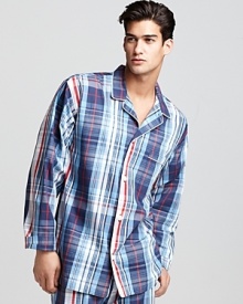 Sleep easy in this soft woven cotton pajama shirt featuring a traditional plaid pattern and the iconic pony logo on the left chest. Sleep easy in this soft woven cotton pajama shirt featuring a traditional plaid pattern and the iconic pony logo on the left chest.