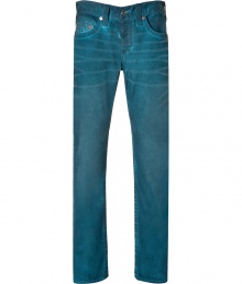 Stylishly distressed, these bold-hued jeans from True Religion inject trend-right cool into your casual look - Five-pocket styling, whiskering, distinctive logo back pockets - Slim fit, straight leg - Wear with a graphic tee, a leather jacket, and boots
