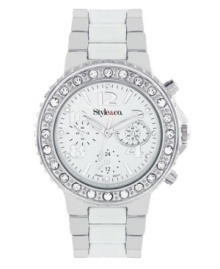 Blind them with glamour. Bright watch by Style&co. crafted of silver tone and white mixed metal bracelet and round case. Mother-of-pearl dial features numerals and stick indices, crystal accents at markers, minute track, three multifunctional subdials, three hands and logo. Quartz movement. Splash resistant. Two-year limited warranty. Blind them with glamour. Bright watch by Style&co. crafted of silver tone and white mixed metal bracelet and round case. Mother-of-pearl dial features numerals and stick indices, crystal accents at markers, minute track, three multifunctional subdials, three hands and logo. Quartz movement. Splash resistant. Two-year limited warranty.