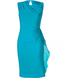 Float into cocktail hour elegance in Roksanda Ilincics draped silk-gauze dress, detailed in bright turquoise for radiant results - Rounded gathered neckline, sleeveless, buttoned slit at nape, gathered side drape - Modern tailored fit - Team with a dusting of fine jewelry and flawless metallic pumps