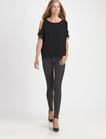 Glossy, leather-like finish reinvents your favorite stretchy skinnies. THE FITSkinny fitRise, about 9½Inseam, about 32THE DETAILSZip flyFive-pocket style44% rayon/29% cotton/25% cupro/2% polyurethaneDry cleanMade in USA of imported fabricModel shown is 5'11 (180cm) wearing US size 4. Glossy, leather-like finish reinvents your favorite stretchy skinnies. THE FITSkinny fitRise, about 9½Inseam, about 32THE DETAILSZip flyFive-pocket style44% rayon/29% cotton/25% cupro/2% polyurethaneDry cleanMade in USA of imported fabricModel shown is 5'11 (180cm) wearing US size 4.