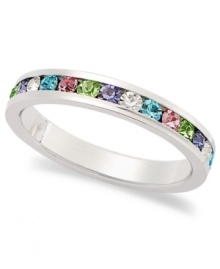 Traditions beautiful stacking ring is perfect when paired with other slim rings, but makes a pretty sparkling statement all its own. Crafted in sterling silver, a thin band features a round-cut array of multicolored crystals with Swarovski elements. Size 5-10. Traditions beautiful stacking ring is perfect when paired with other slim rings, but makes a pretty sparkling statement all its own. Crafted in sterling silver, a thin band features a round-cut array of multicolored crystals with Swarovski elements. Size 5-10.