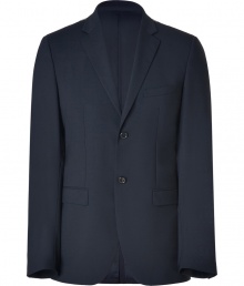 Exquisitely tailored with a flawless slim fit, Jil Sanders navy stretch wool blazer is a wardrobe staple guaranteed to give your look a seamlessly sophisticated edge - Notched lapel, long sleeves, buttoned cuffs, double-buttoned front, flap pockets, back vent - Contemporary slim fit - Wear with an immaculately cut shirt and matching slim fit trousers