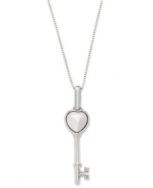 The key to romance. This adorable heart-shaped key pendant features a shimmery Mother of Pearl heart (7 mm) and sparkling diamond accents. Set in sterling silver. Approximate length: 18 inches. Approximate drop length: 1-1/4 inches. Approximate drop width: 1/4 inch. The key to romance. This adorable heart-shaped key pendant features a shimmery Mother of Pearl heart (7 mm) and sparkling diamond accents. Set in sterling silver. Approximate length: 18 inches. Approximate drop length: 1-1/4 inches. Approximate drop width: 1/4 inch.