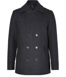 Sleek and stylish, Hugos charcoal pea coat is a timeless modern classic, destined to multi-season sophistication - Buttoned notched lapel, long sleeves, double-breasted button-down front, flap pockets, patchwork seaming, red stitching detail under collar, back vent, quilted lining - Classic straight fit - Pair with contemporary knitwear and chic winter boots Sleek and stylish, Hugos charcoal pea coat is a timeless modern classic, destined to multi-season sophistication - Buttoned notched lapel, long sleeves, double-breasted button-down front, flap pockets, patchwork seaming, red stitching detail under collar, back vent, quilted lining - Classic straight fit - Pair with contemporary knitwear and chic winter boots