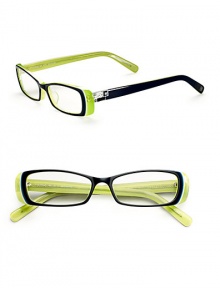 THE LOOKPlastic two-tone framesRectangle shapeAustrian stone details on temples and tipsTHE COLORIndigo and peridot with clear lensesORIGINImported THE LOOKPlastic two-tone framesRectangle shapeAustrian stone details on temples and tipsTHE COLORIndigo and peridot with clear lensesORIGINImported