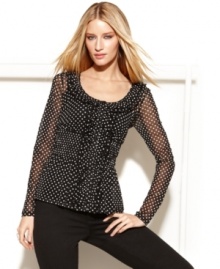 Polka dots, alluringly sheer fabric and feminine ruffles give INC's top a fresh, fashionable look!