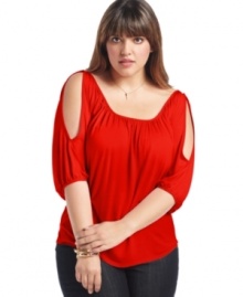 Snag one of the season's must-have styles with Soprano's three-quarter sleeve plus size top, flaunting shoulder cutouts.