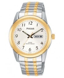 Smooth, bright style in an attractive dress watch by Pulsar. This watch features a goldtone and silvertone stainless steel bracelet and round case. Goldtone bezel. White dial with black numerals, logo and date window. Analog quartz movement. Water resistant to 100 meters. Three-year limited warranty.