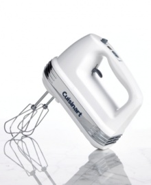 New in the mix from Cuisinart. Enjoy the power of 9-speed hand mixer equipped with handy attachments and its very own snap-on storage case. It's time to whip up fluffy meringues, knead some dough, clean it up and go! SmoothStart(tm) feature with 3 low mixing speeds eliminates splattering. Three-year limited warranty. Model HM-90S. New in the mix from Cuisinart. Enjoy the power of 9-speed hand mixer equipped with handy attachments and its very own snap-on storage case. It's time to whip up fluffy meringues, knead some dough, clean it up and go! SmoothStart(tm) feature with 3 low mixing speeds eliminates splattering. Three-year limited warranty. Model HM-90S.