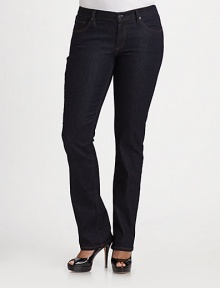 A flattering fit in dark wash denim.THE FITHigh rise Straight leg Inseam, about 34½THE DETAILSZip fly Five-pocket style 81% cotton/17%polyester/2% elastane; machine wash Made in USA of imported fabrics