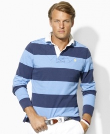 Cut for a modern fit, a long-sleeved rugby is rendered in lightweight utility jersey with diamond-quilted detailing and bold stripes for masculine polish. Cut for a modern fit, a long-sleeved rugby is rendered in lightweight utility jersey with diamond-quilted detailing and bold stripes for masculine polish.