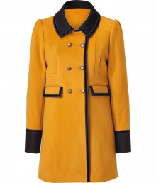 A radiant take on the urban uniform, Hoss Intropias bright pumpkin coat guarantees to uplift your look - Black spread collar, long sleeves, buttoned black cuffs, softly puffed shoulders, double-breasted button-down front, flap and slit pockets, velvet detailed mixed black trim - Softly tailored fit - Team with skinny leather pants and statement ankle boots