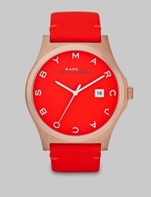 This warm and bold style features a brushed case and supple leather strap. Quartz movementWater resistant to 5 ATMRound rose goldtone brushed stainless steel case, 43mm (1.7)Brushed bezelCoral dialLogo hour markersDate display at 3 o'clockSecond hand Semi-shiny coral colored leather strapImported 