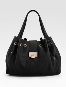 EXCLUSIVELY AT SAKS. A slim buckled strap loops around polished top grommets, for a softly gathered look in grained calf leather.Shoulder straps, 8 drop Flip-lock strap closure Protective metal feet One inside zip pocket Two inside open pockets Suede lining 17W X 10H X 7D Made in Italy EXCLUSIVELY AT SAKS. A slim buckled strap loops around polished top grommets, for a softly gathered look in grained calf leather.Shoulder straps, 8 drop Flip-lock strap closure Protective metal feet One inside zip pocket Two inside open pockets Suede lining 17W X 10H X 7D Made in Italy