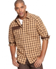 This Rocawear button down has a cool retro meets rugged style. This Rocawear button down has a cool retro meets rugged style.