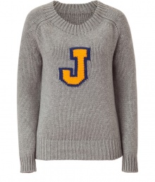 Quietly elegant and effortlessly cool, Jil Sanders pale grey cashmere pullover ups the ante on preppy chic - Slim, straight  cut tapers gently through waist - Decorative yellow and navy varsity letter J and wide rib trim at cuffs, hem and collar - Polished and versatile, ideal for pairing with pencil skirts, skinny denim and cigarette pants