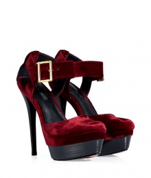 Finish your look on an ultra glamorous note with Rachel Zoes rich merlot velvet platform pumps - Rounded toe, buckled ankle strap, cut-out back counter, black stacked leather platform and heel - Pair with chic cocktail dresses and shimmering metallic accessories