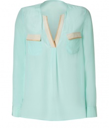 With an effortless chic look in pristine silk, Steffen Schrauts pastel detailed top is perfect for both dressing up and down - Open round neckline, long sleeves, buttoned cuffs, side slits, flap chest pockets, two-tone trim - Loosely fitted - Wear with skinnies, flats and a leather carryall