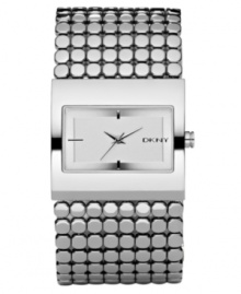 A ravishing look by DKNY. This watch features a silvertone stainless steel bracelet and rectangular case. Silvertone dial with logo and stick indices. Quartz movement. Water resistant to 30 meters. Two-year limited warranty.