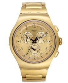 A timeless structured Golden Block watch with golden tones and Swiss precision, by Swatch.