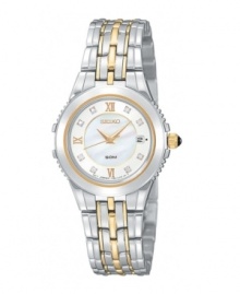 A timeless timepiece by Seiko. Stainless steel case and link bracelet with goldtone accents. Crystal markers and roman numerals on a mother-of-pearl dial. Date window. Quartz movement. Water resistant to 50 meters.