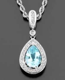 Elegant and refined, this aquamarine (1-1/2 ct. t.w.) drop necklace features a flurry of sparkling diamonds (1/4 ct. t.w.) cast in 14k white gold. Chain measures 18. Elegant and refined, this aquamarine (1-1/2 ct. t.w.) drop necklace features a flurry of sparkling diamonds (1/4 ct. t.w.) cast in 14k white gold. Chain measures 18.