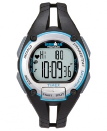 Ramp up your training regimen with this multifunctional watch by Timex. Black and turquoise resin strap and round case. Digital display dial with heart rate monitor, 50-lap chronograph and INDIGLO. Quartz movement. Water resistant to 100 meters. One-year limited warranty.