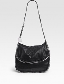 A saddle bag shape with fold-over flap features a whipstitched tonal thread and a silvertone chain woven around the fabric.Shoulder chain, 14½ drop Flap closure One inside zip pocket Nylon logo lining Polyester 11W X 10H X 4D Made in Italy A saddle bag shape with fold-over flap features a whipstitched tonal thread and a silvertone chain woven around the fabric.Shoulder chain, 14½ drop Flap closure One inside zip pocket Nylon logo lining Polyester 11W X 10H X 4D Made in Italy