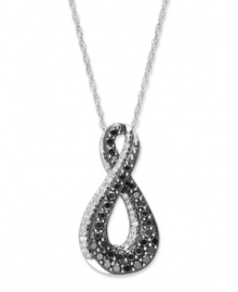Eternally cool - the infinity necklace is always in style. An intriguing figure-eight design highlights round-cut black diamonds (4/10 ct. t.w.) and white diamond accents. Crafted in 14k white gold. Approximate length: 18 inches. Approximate drop: 8/10 inch. Eternally cool - the infinity necklace is always in style. An intriguing figure-eight design highlights round-cut black diamonds (4/10 ct. t.w.) and white diamond accents. Crafted in 14k white gold. Approximate length: 18 inches. Approximate drop: 8/10 inch.