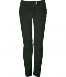 Rock n roll style goes ultra-luxe with these of-the-moment bottle green skinny jeans from Balmain - Snap tab closure, belt loops, zippered side and back slit pockets, seaming detail at knees - Skinny fit, biker-style - Wear with an oversized top, a cropped blazer, and platform heels Rock n roll style goes ultra-luxe with these of-the-moment bottle green skinny jeans from Balmain - Snap tab closure, belt loops, zippered side and back slit pockets, seaming detail at knees - Skinny fit, biker-style - Wear with an oversized top, a cropped blazer, and platform heels